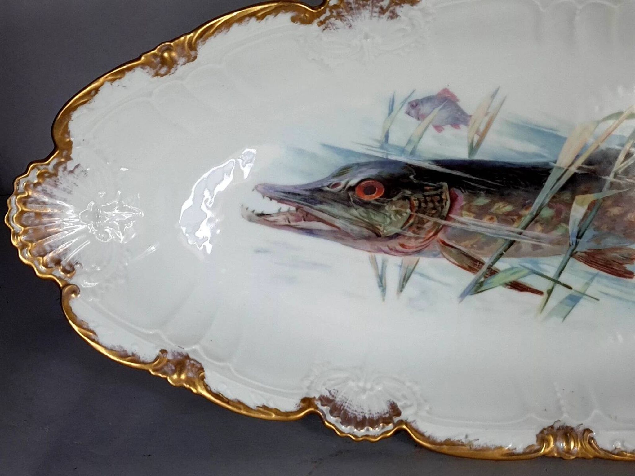 Antique fish service J. Pouyat porcelain Limoges plate 61 cm, 8 plates