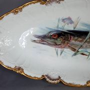 Antique fish service J. Pouyat porcelain Limoges plate 61 cm, 8 plates
