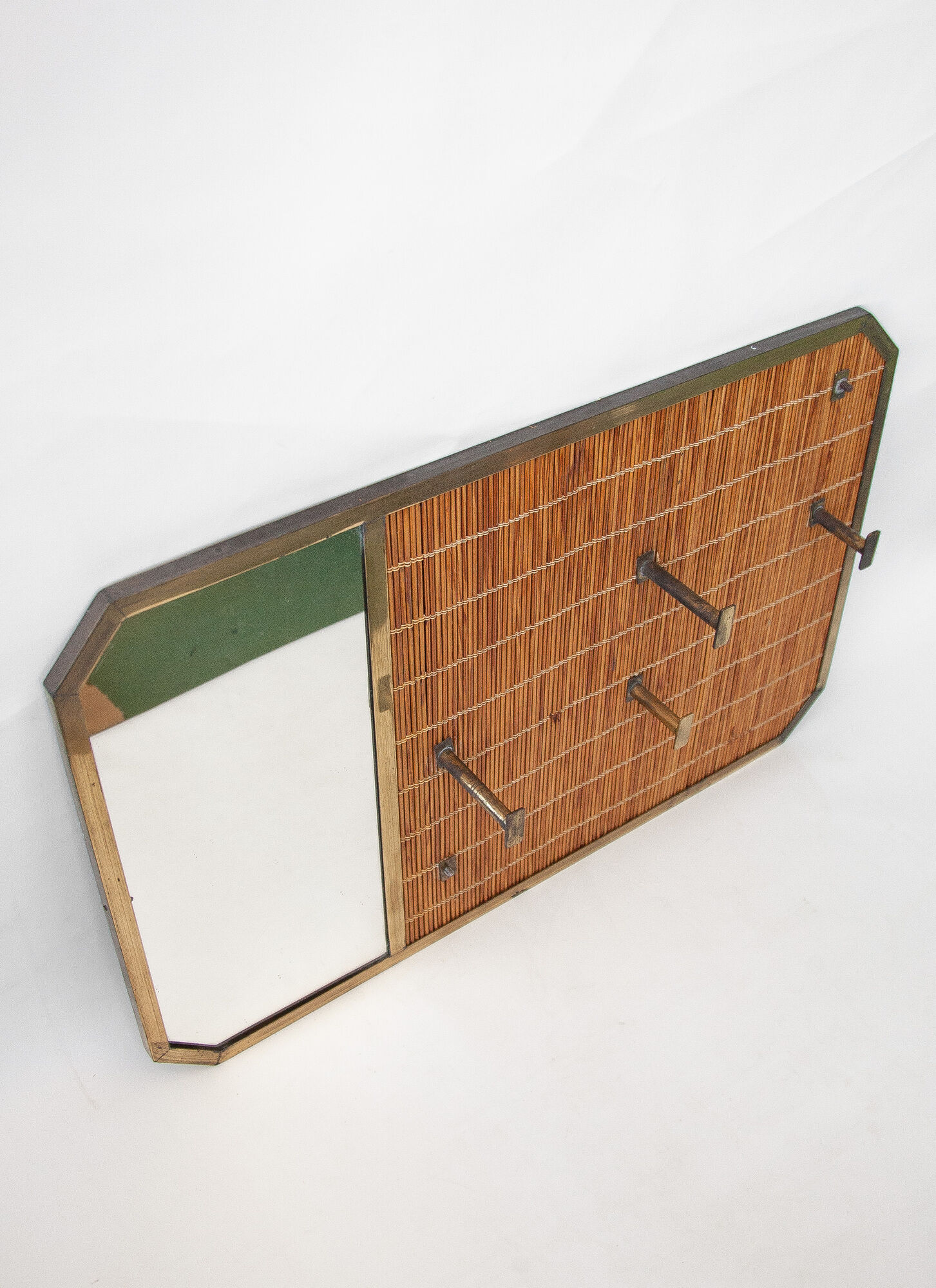 Vintage wicker coat rack with mirror and brass hooks
