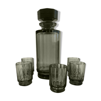 Vintage black crystal decanter and 5 glasses art deco service