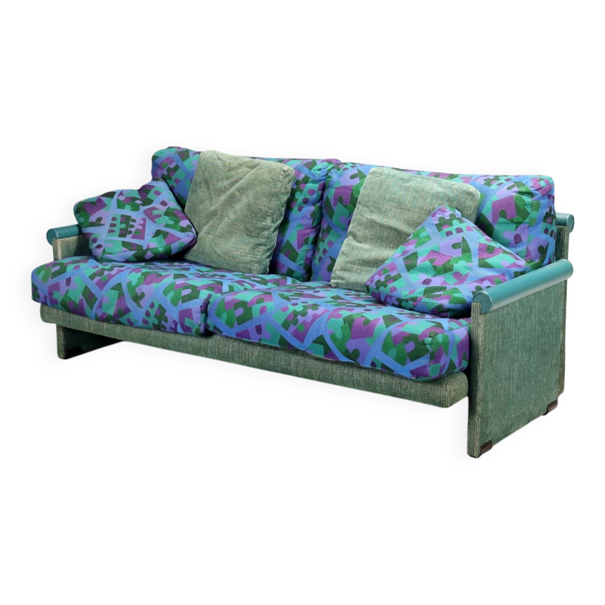 Vintage 2-seater sofa fantasy fabric design cushions 1980s original