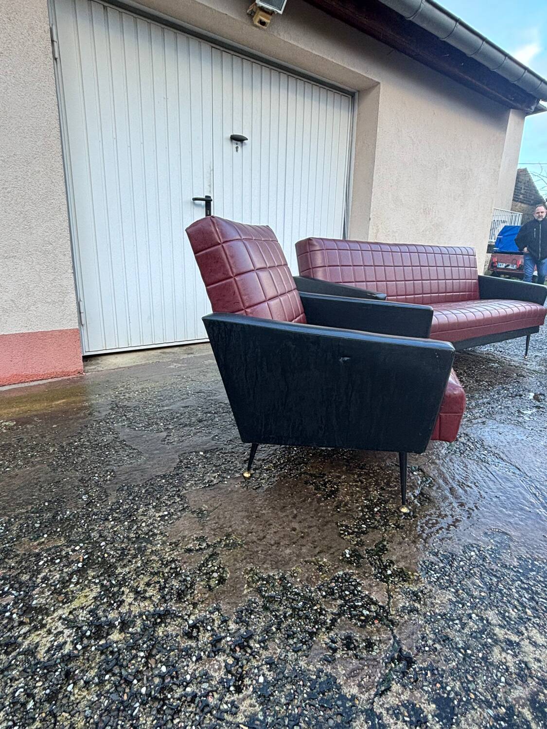 Vintage 70s red and black embossed sofa armchair set