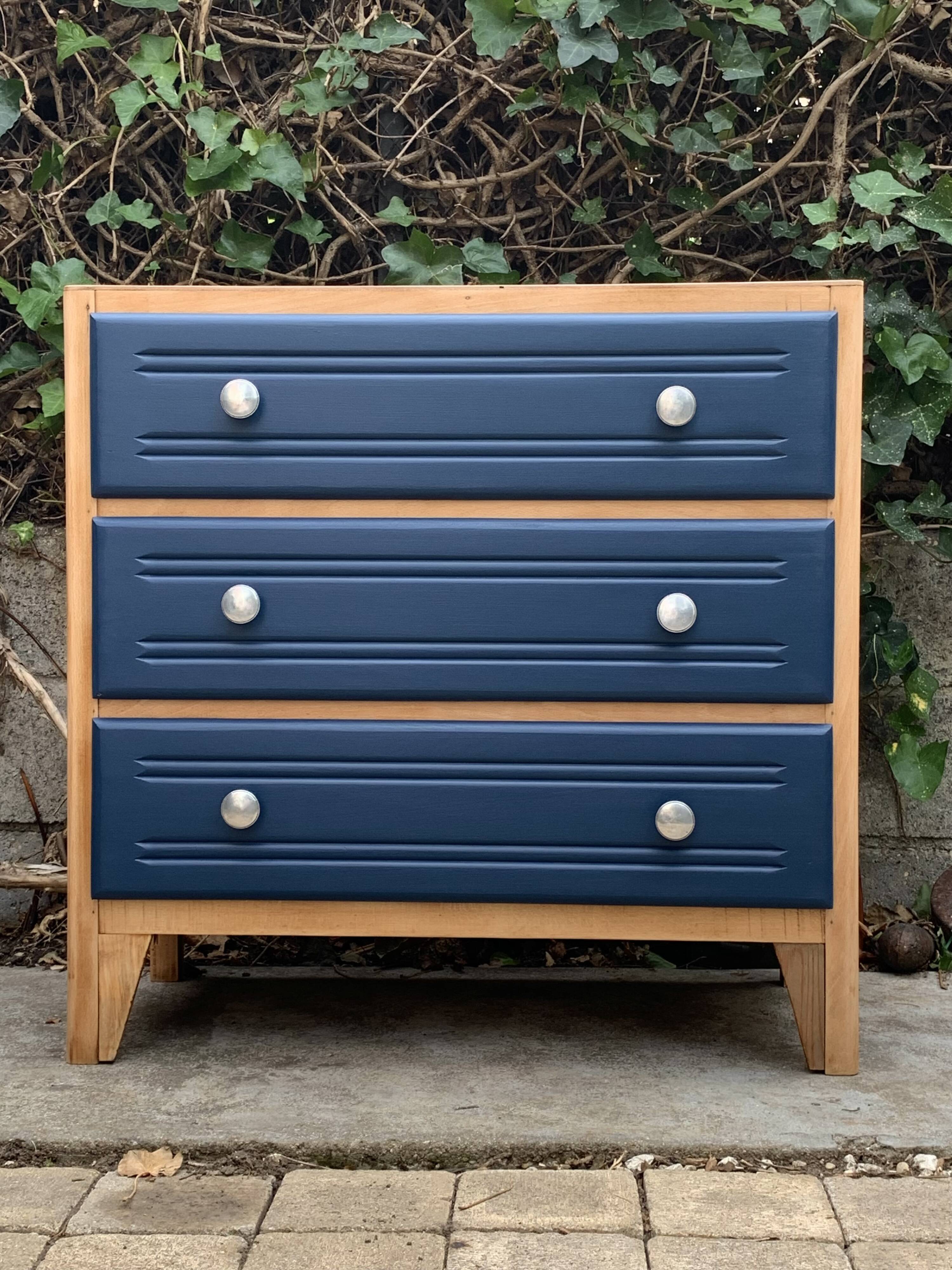 Art Deco chest of drawers in raw wood and blue, 1940