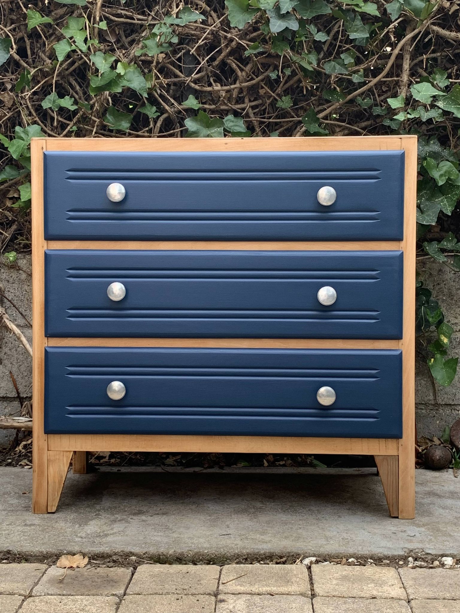 Art Deco chest of drawers in raw wood and blue, 1940