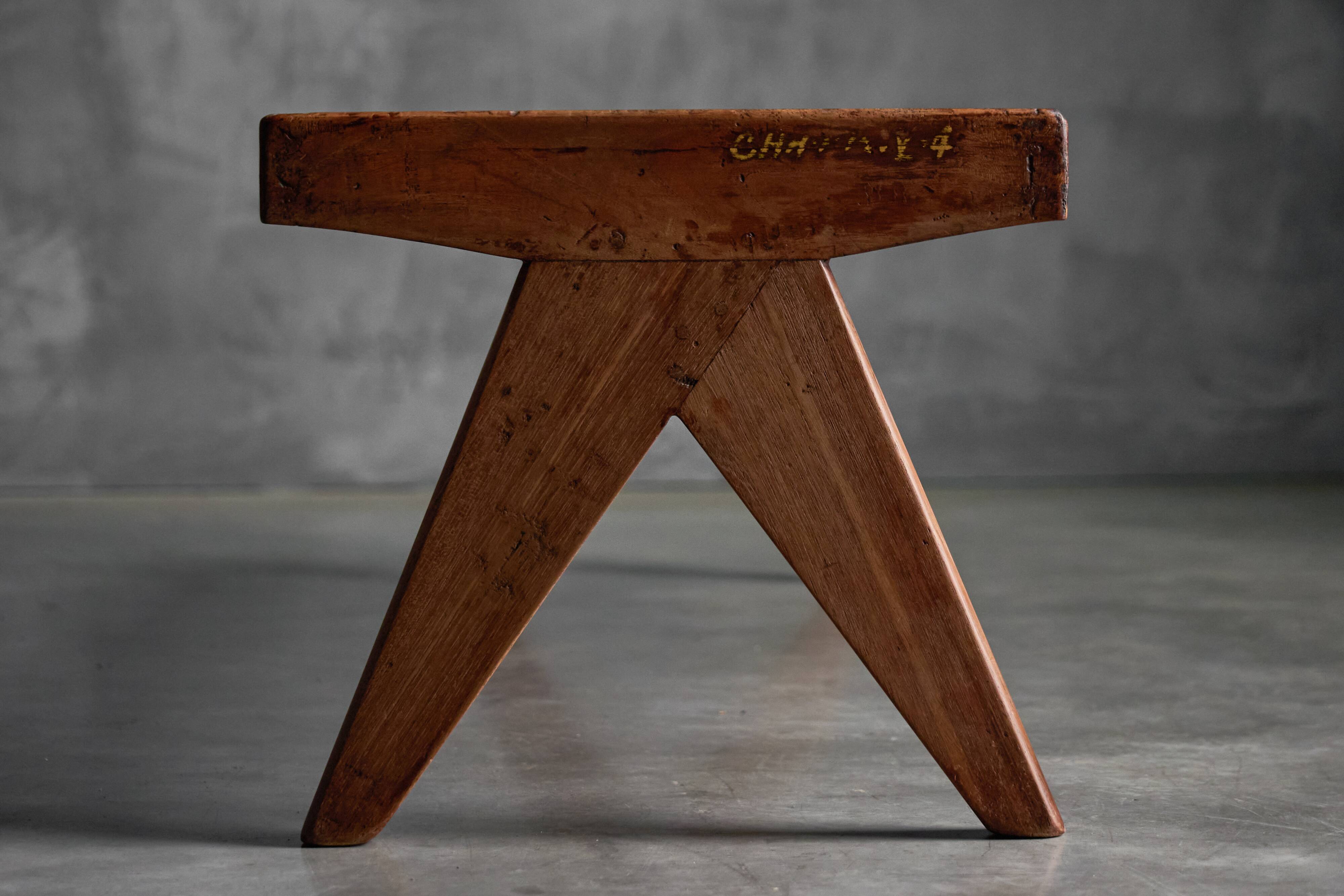 Solid Teak Slatted Bench by Pierre Jeanneret, India, 1950s