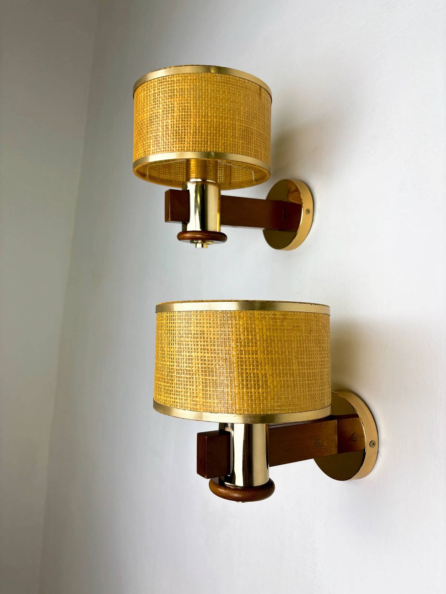 Pair of vintage rattan & wood wall sconces, Italy, circa 1970s