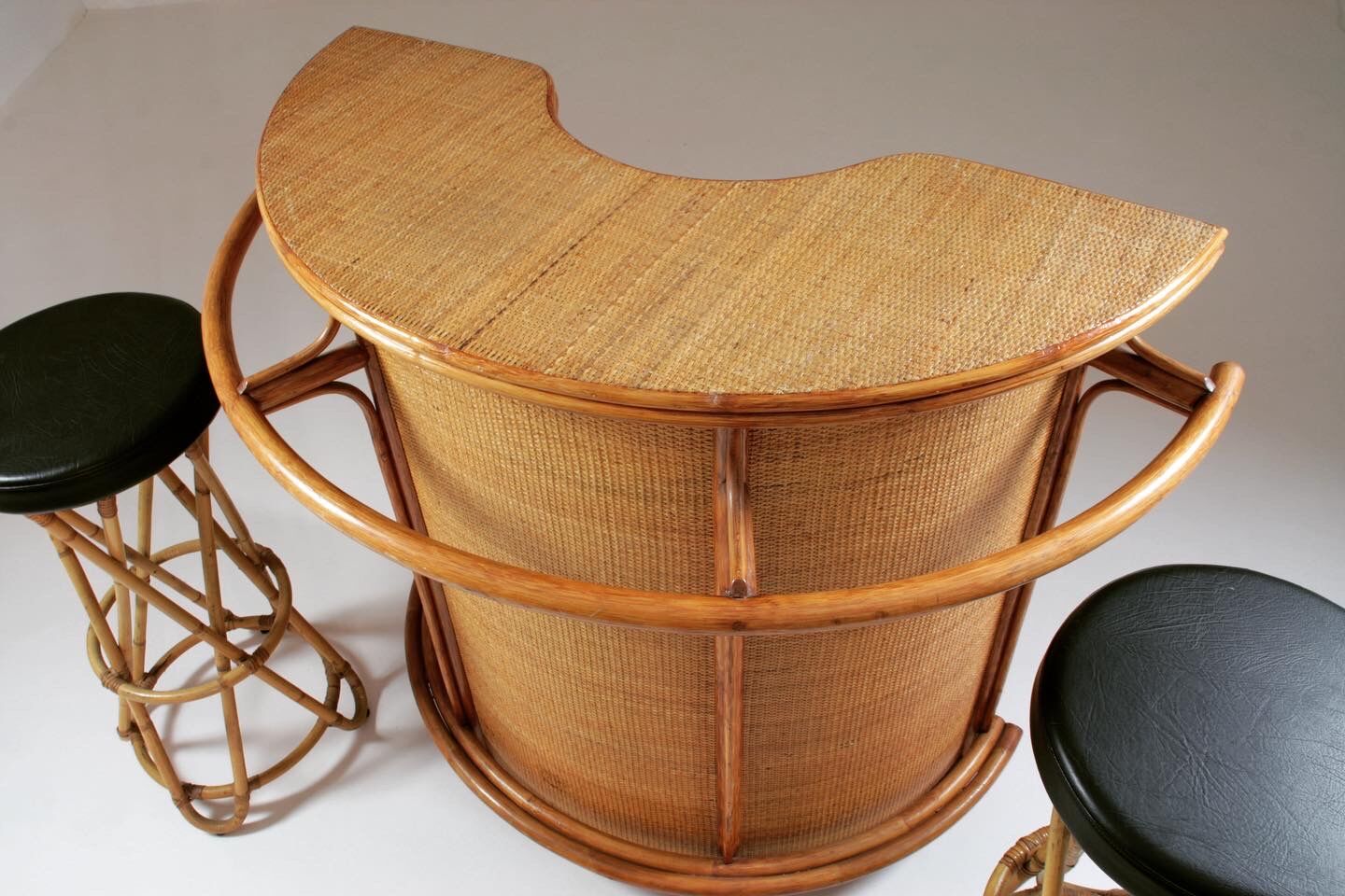 Rattan bar and stools, France 1960s, set of 3