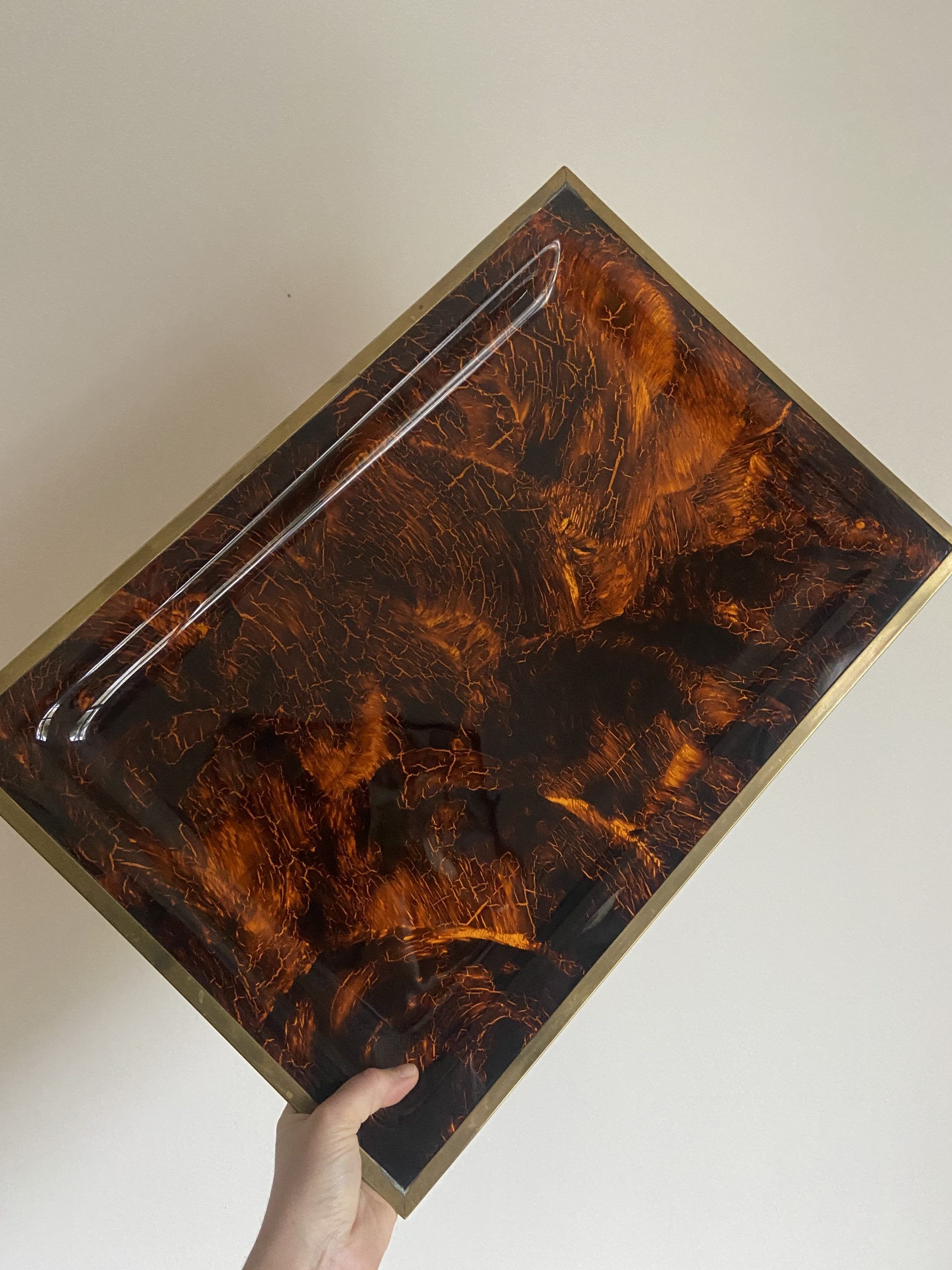 Large serving tray in lucite and brass circa 1970