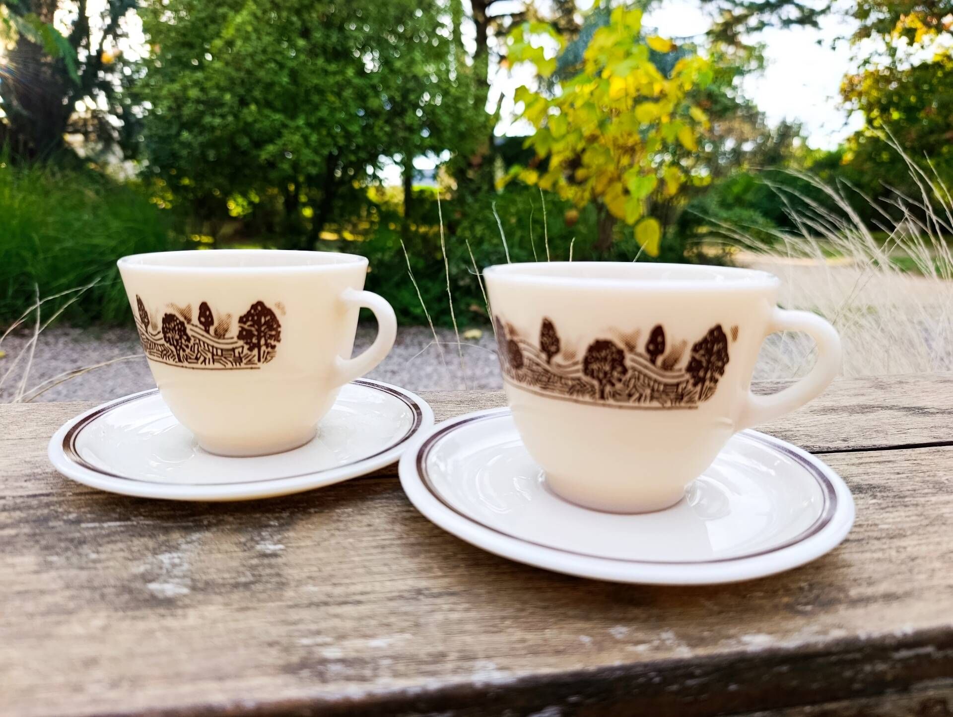 Two vintage opaline glass cups/saucers JAJ Pyrex England.