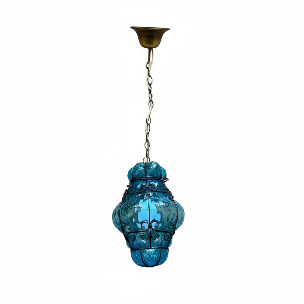 Old suspension glass cage blown Venetian lantern blue