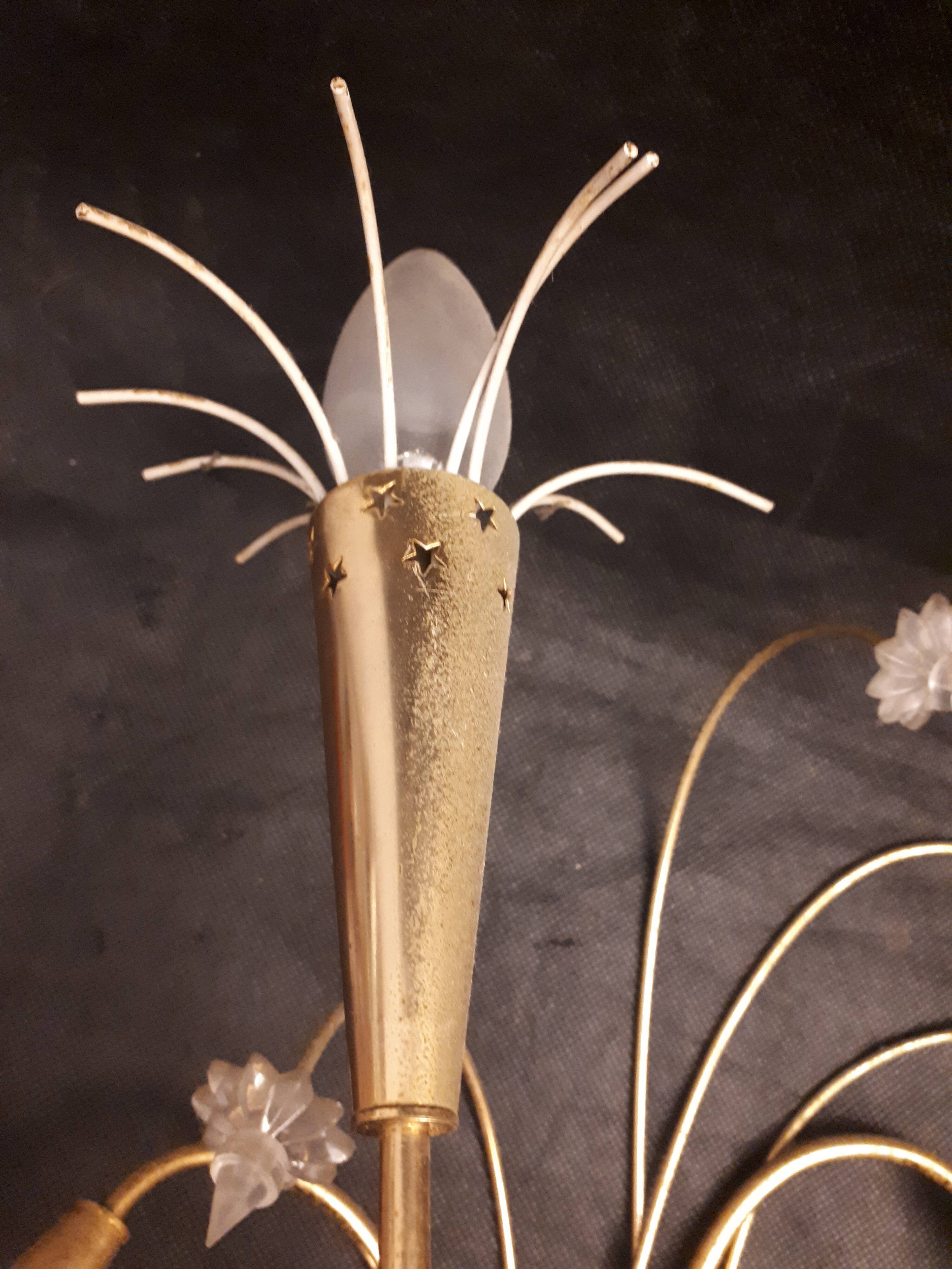 Pair sconces metal dore décor stars Lunel vintage 1950