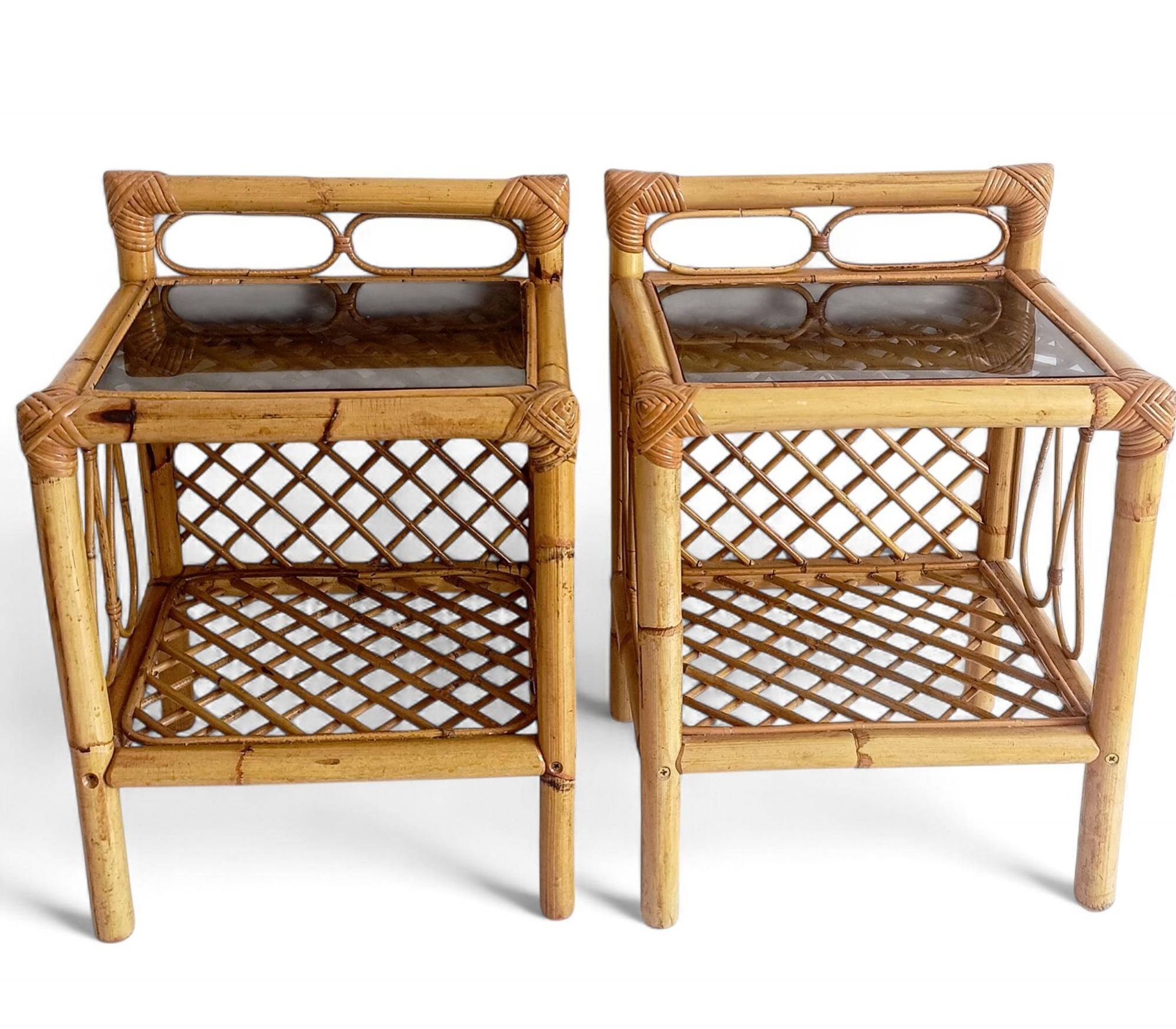 Mid-Century Bamboo and Rattan Nightstands, Spain, Hand-Crafted, 1970s
