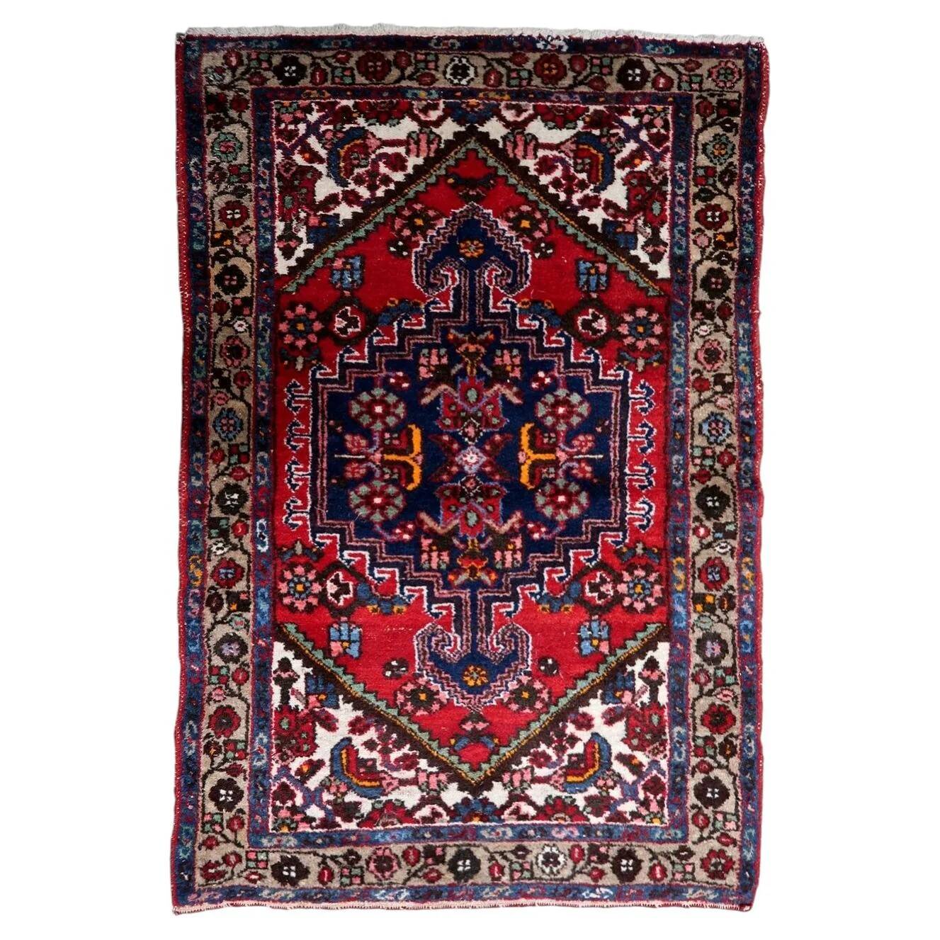1950s handmade wool medallion rug, red and navy, 96 × 144 cm - 1C1290