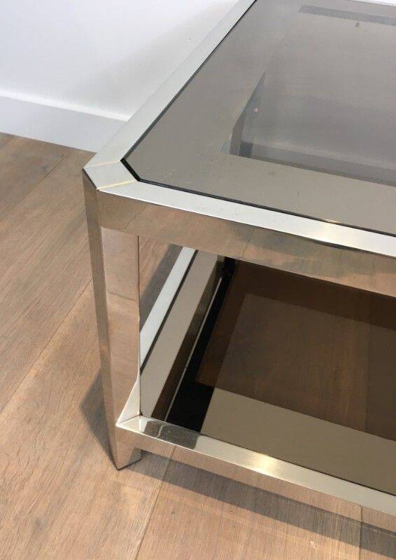 Pair of octagonal chrome side tables with tinted glass tops