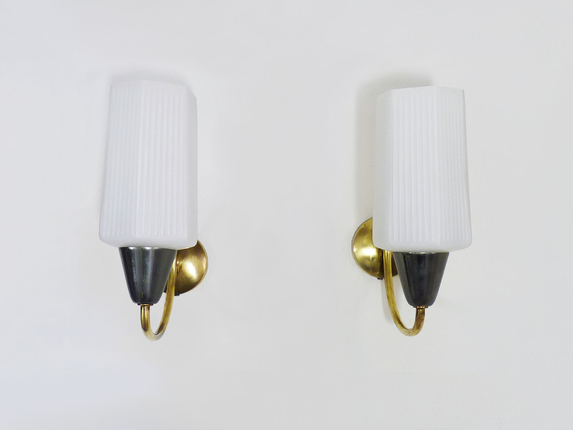 Pair of white glass globe brass wall light Year 50