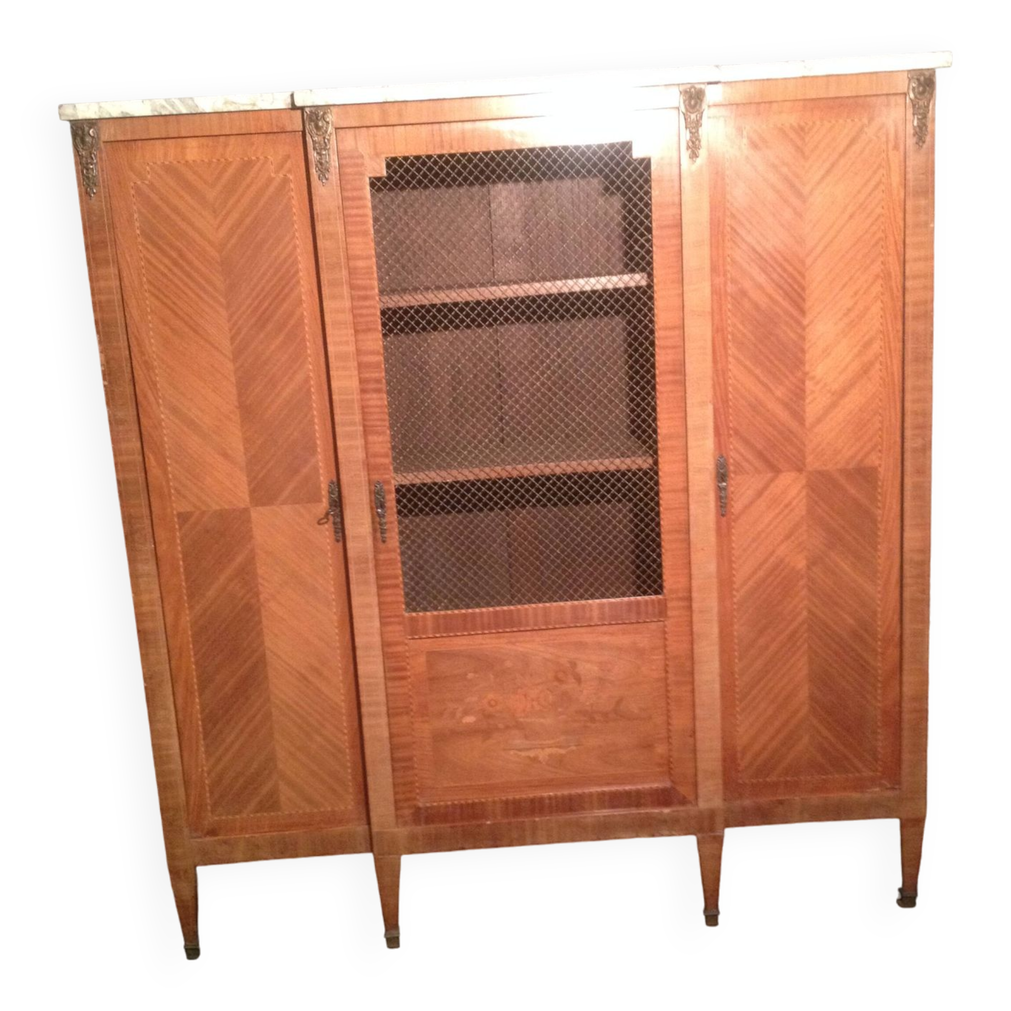 Louis XVI library with marble and precious wood marquetry circa 1850.