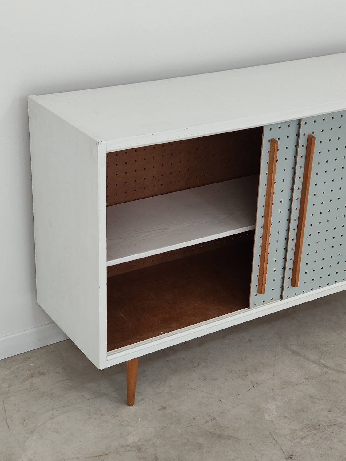 Blue and white chest of drawers by Drevopodnik Brno 1960