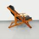 Vintage adjustable folding chaise longue armchair in pine and faux leather
