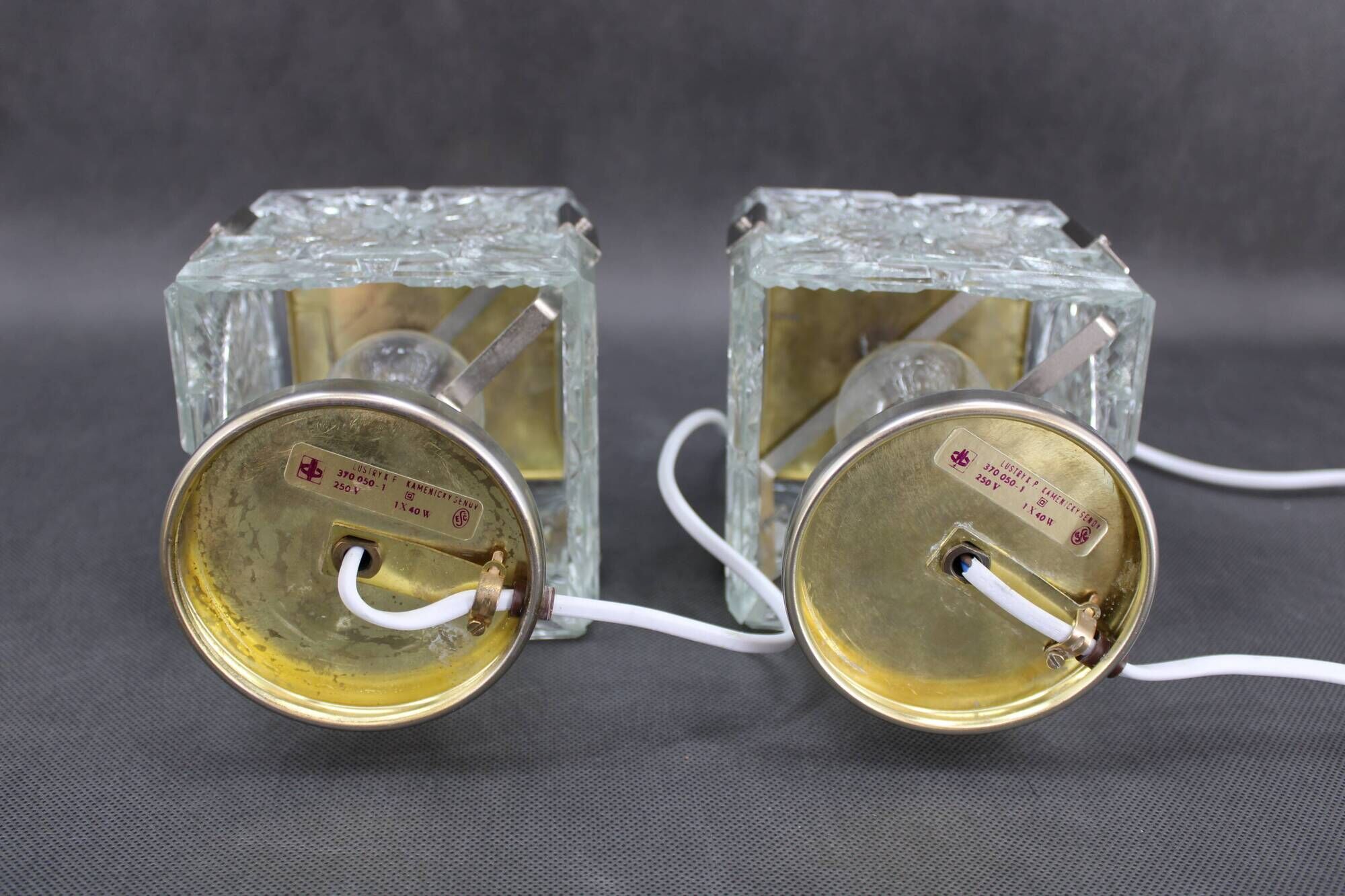 1970s Pair of Brass/Glass Table Lamps by Kamenicky Senov, Czechoslovakia