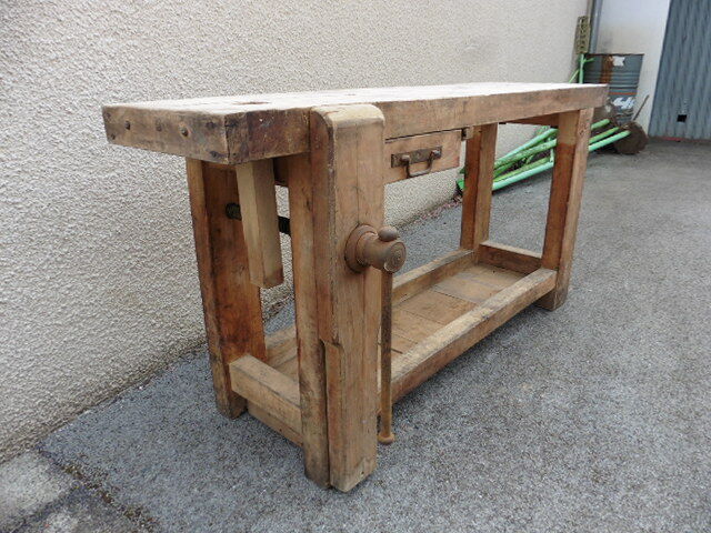 old solid wood workbench with drawer and seal