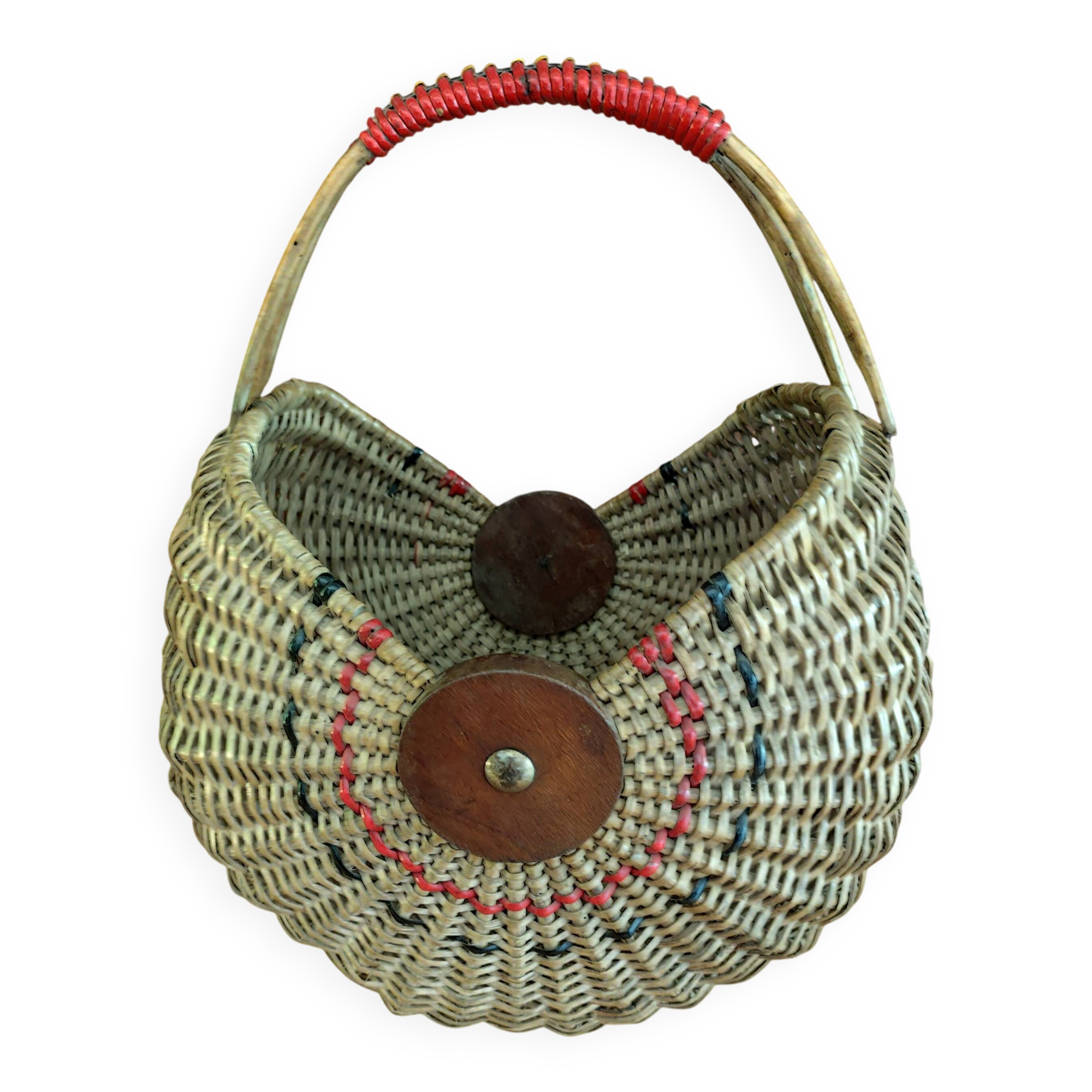 Large antique half-moon rattan basket