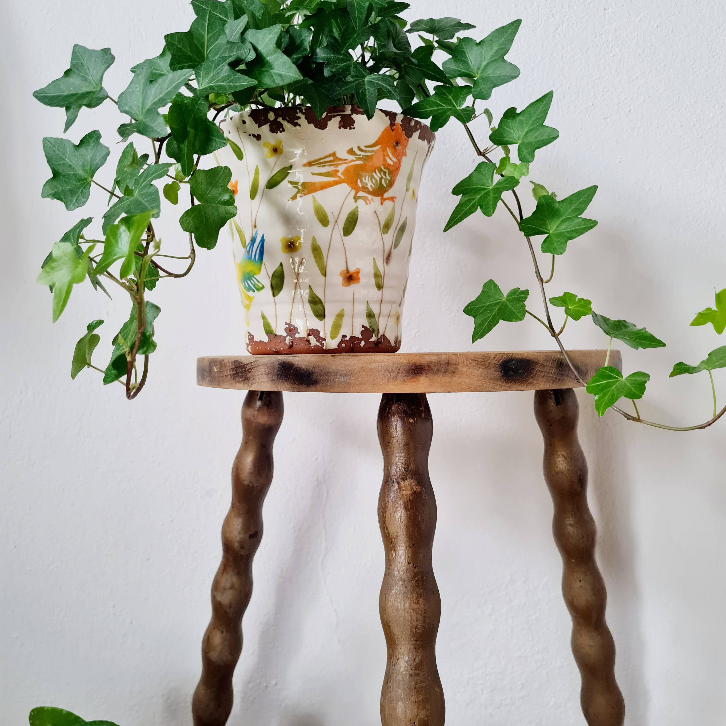 Antique wooden tripod stool - turned leg side table