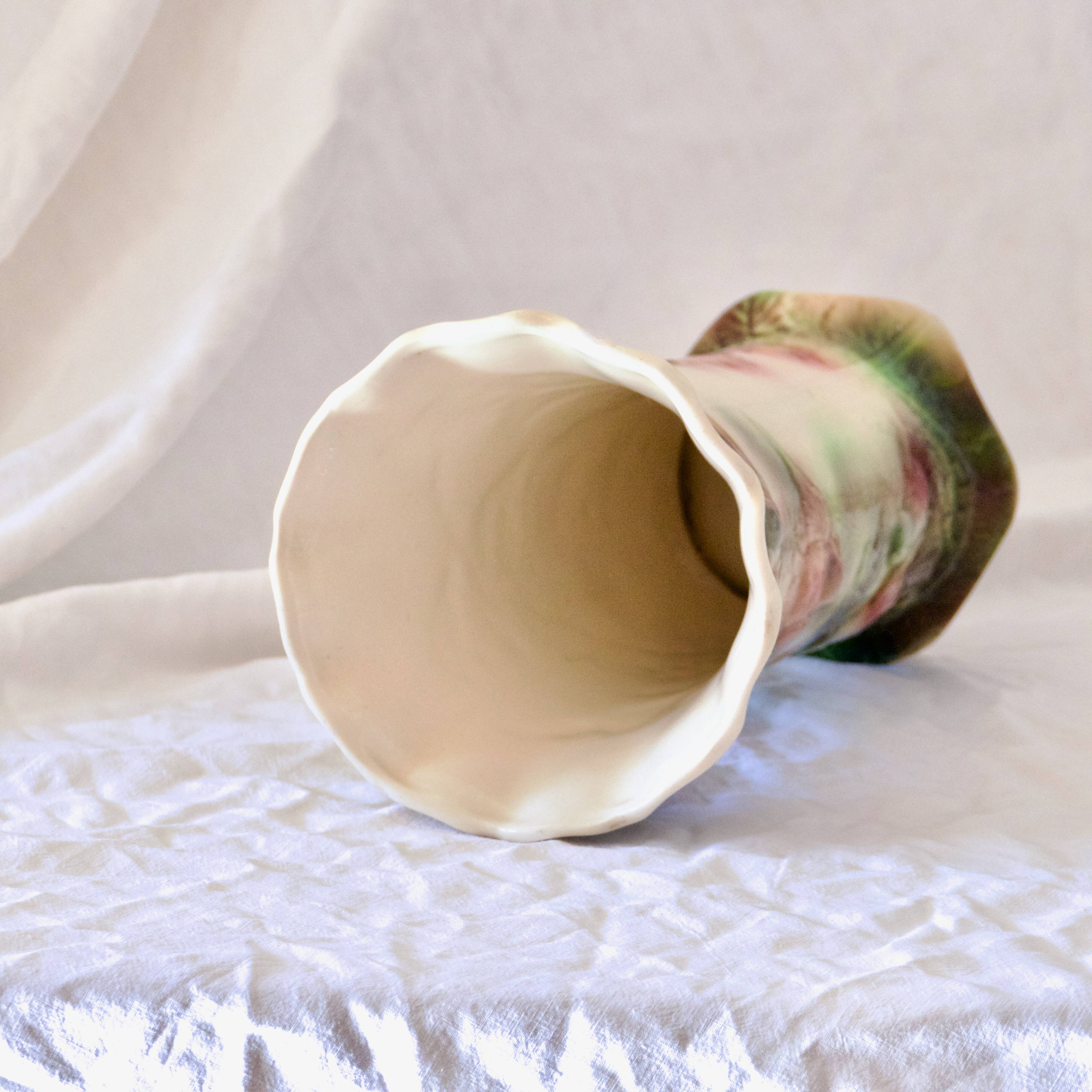 Antique Saint Clément slip roller vase with bird decor