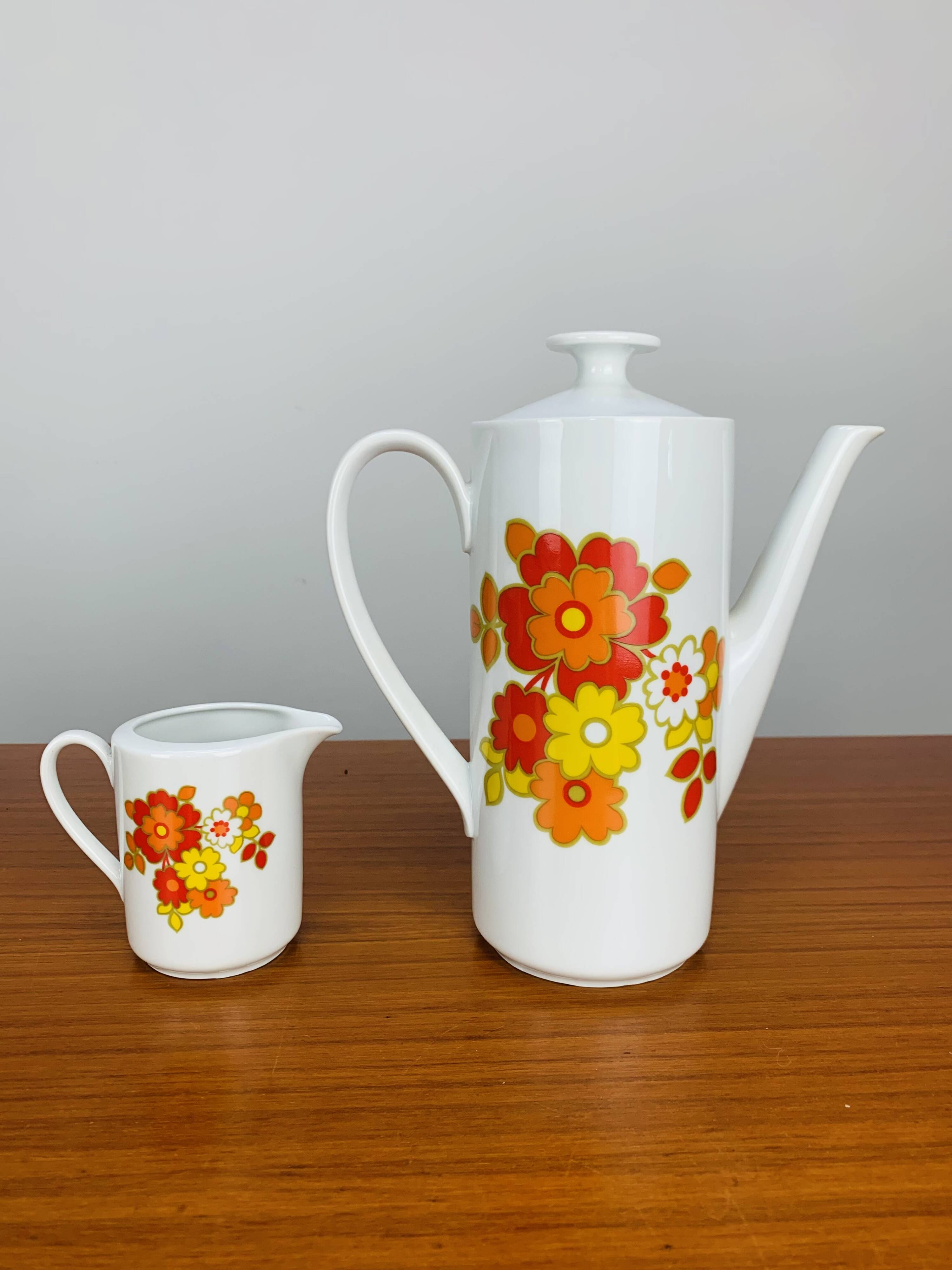 Tea and dessert set of 6 cups, German porcelain, flowers, 70s