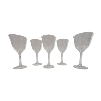 5 antique engraved crystal foot glasses