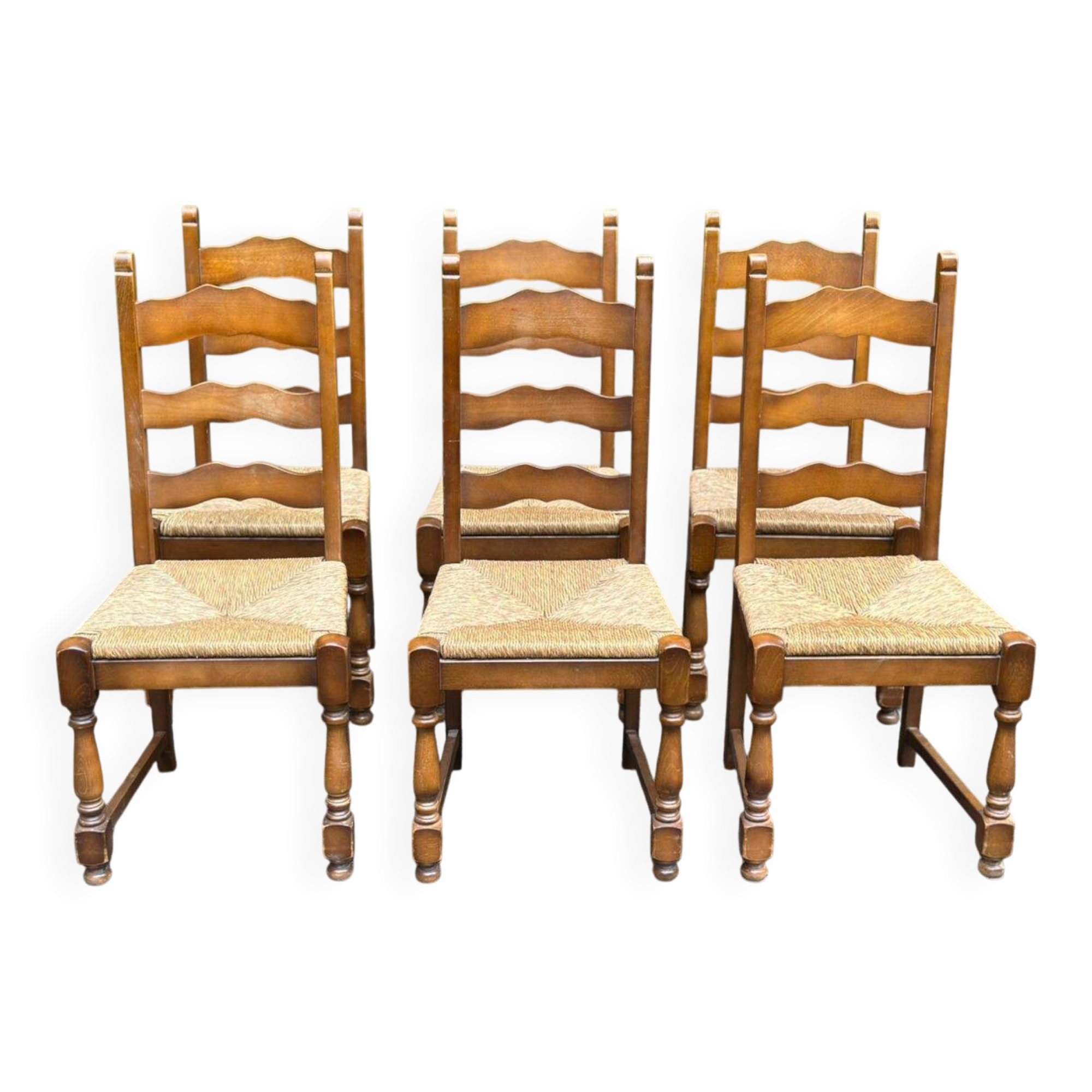 6 solid wood straw-seated dining chairs, Provençal style from the 20th century.