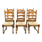 6 chaises à manger provençales en bois massif et paille, XXème