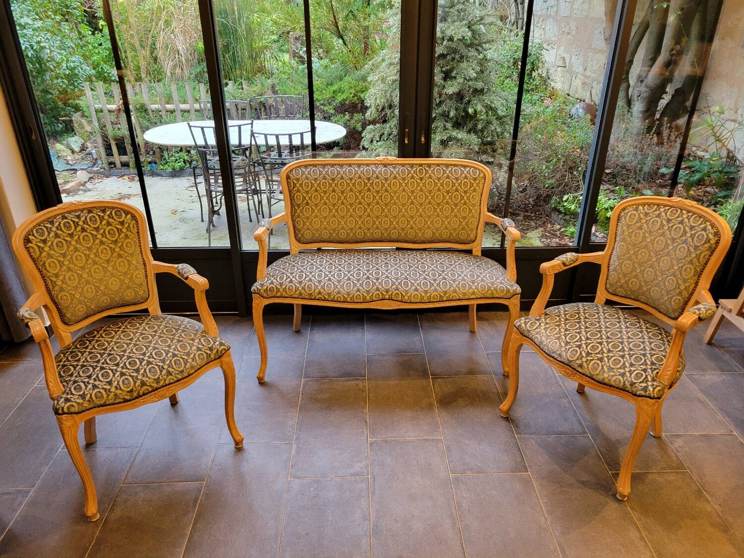 2 cabriolet armchairs and a Louis XV salon bench