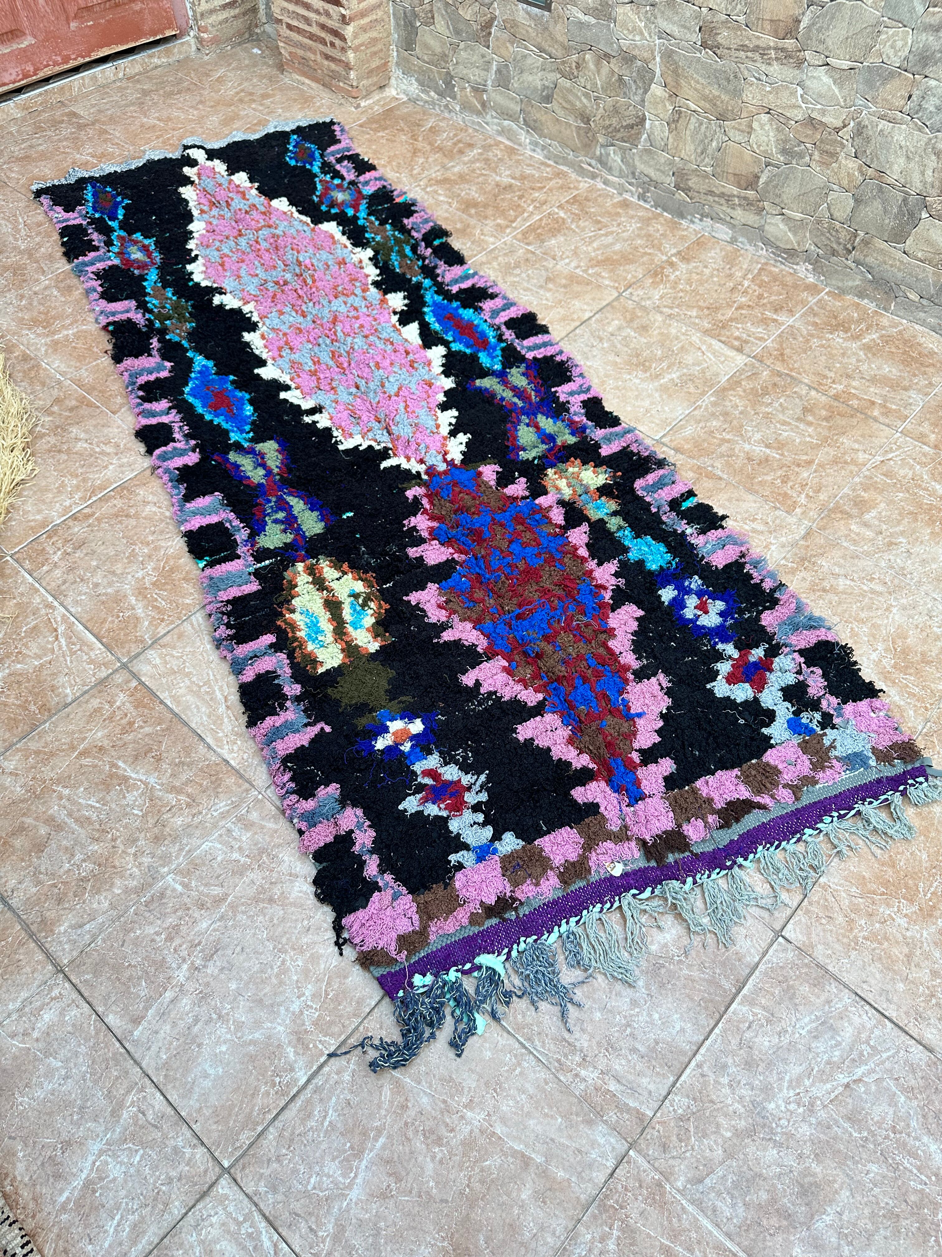 Vintage Berber Boucherouite hallway rug: Handwoven Moroccan rug.