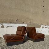 Salon complet en aluminium brossé et cuir marron, France 1970