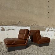 Complete vintage living room set, brushed aluminum and brown leather, France, 1970