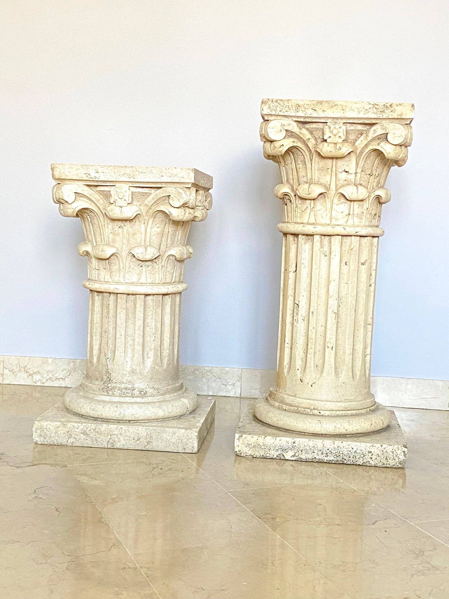 Pair of columns, corinthian style capitals in travertine, italy 1940s