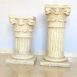 Pair of columns, corinthian style capitals in travertine, italy 1940s