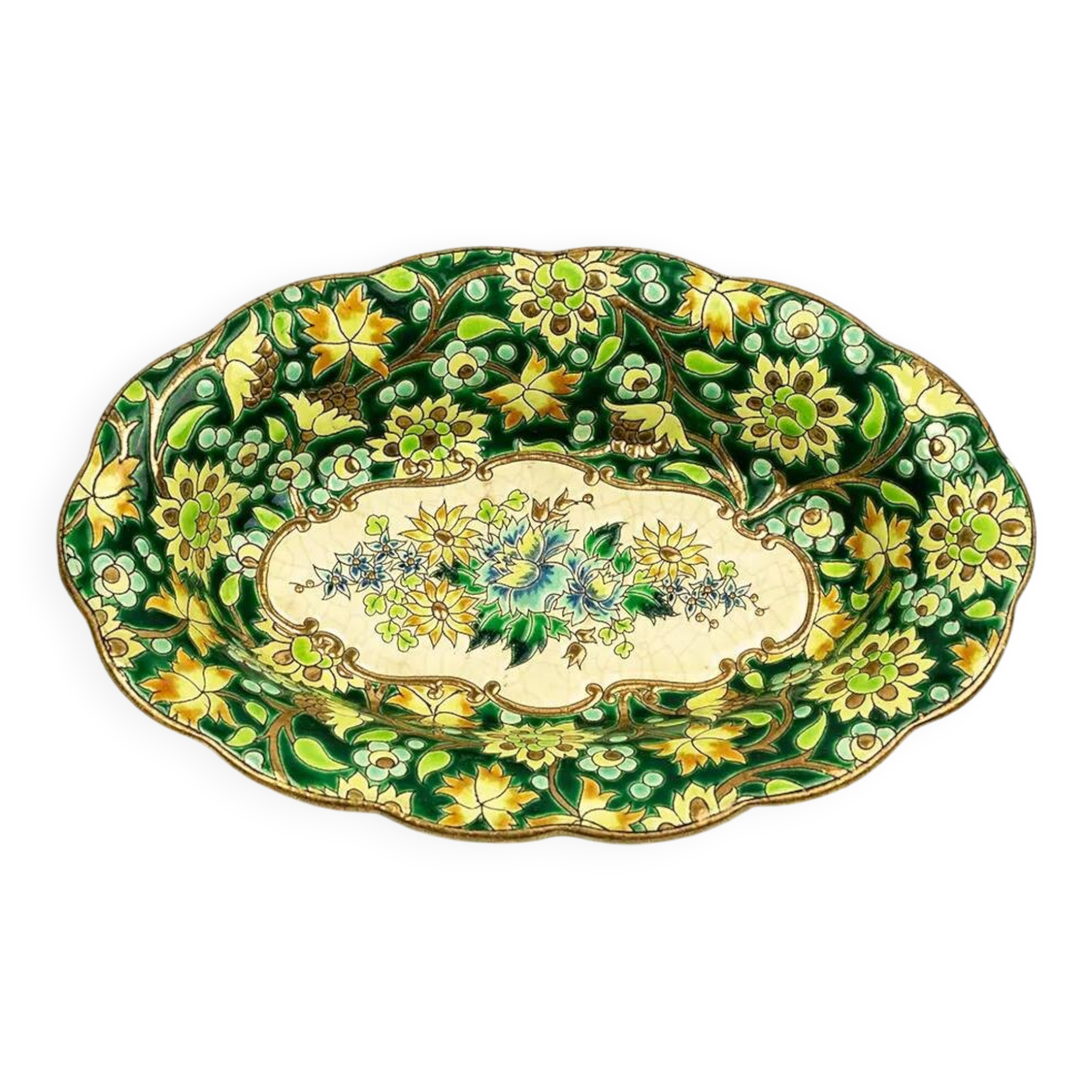 Longwy cup in cloisonné enamels on a green background, polychrome floral decoration and gold