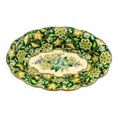 Coupe Longwy en émaux cloisonnés fond vert, décor floral polychrome et or