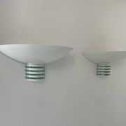 Pair of post-modernist wall lights, white metal and glass, France 1980