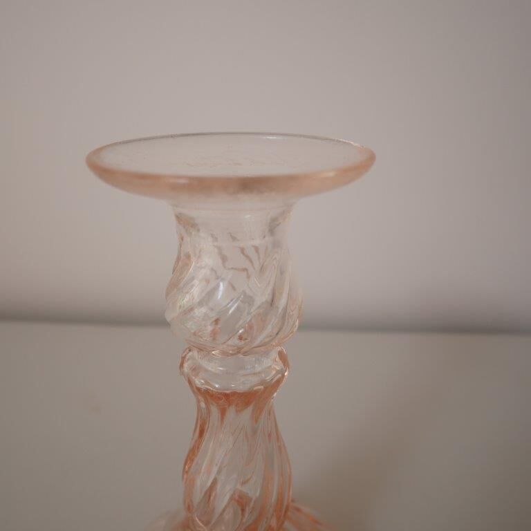 Pair of glass candle holders, pink and green