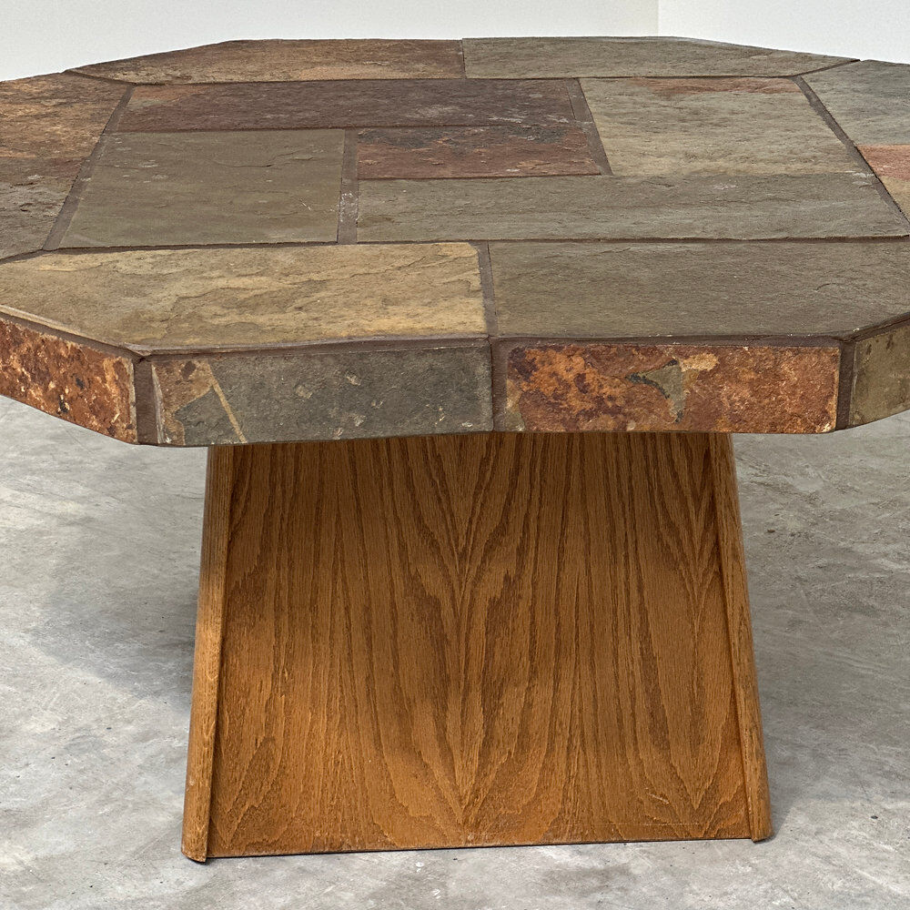 Large vintage slate mosaic coffee table, oak pedestal base, brutalist octagonal
