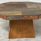 Large vintage slate mosaic coffee table, oak pedestal base, brutalist octagonal