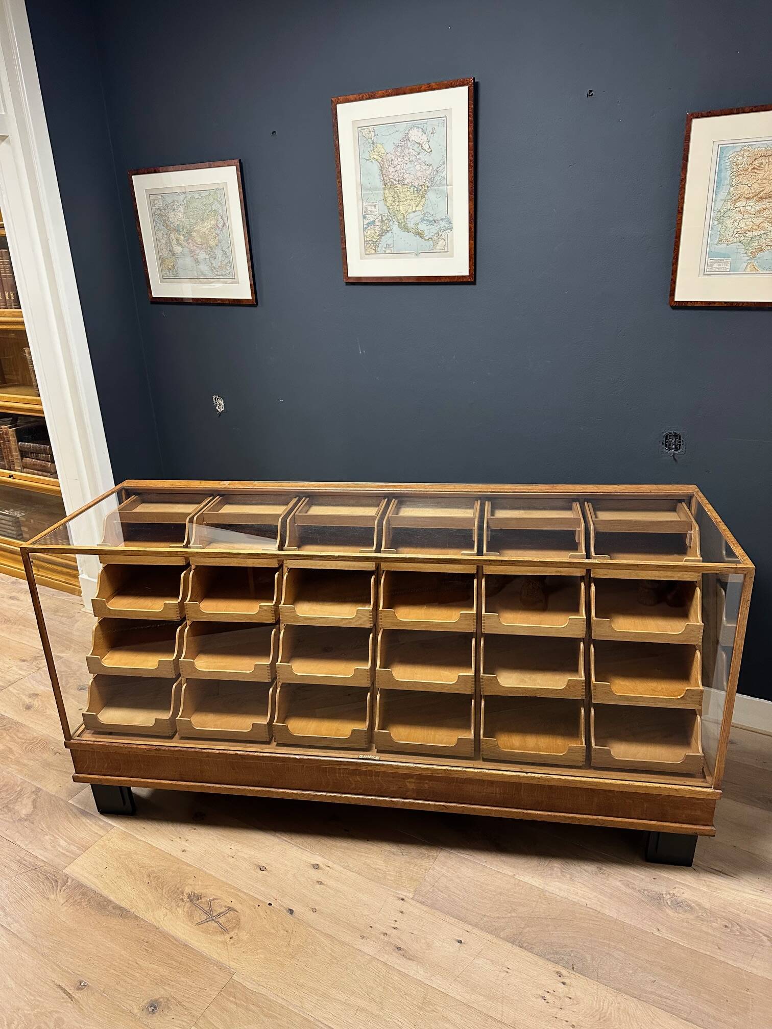 Old oak display counter with 24 drawers