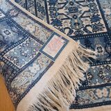 Handcrafted oriental blue and white rug Tunisia vintage fringes