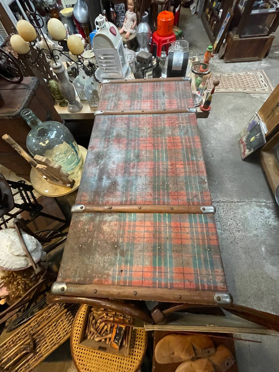 Old wooden and metal travel trunk