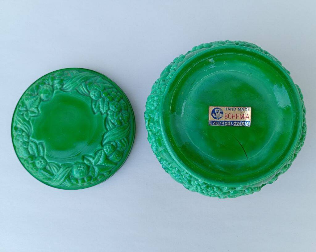 Bohemian handmade malachite glass candy dish or jewelry box.