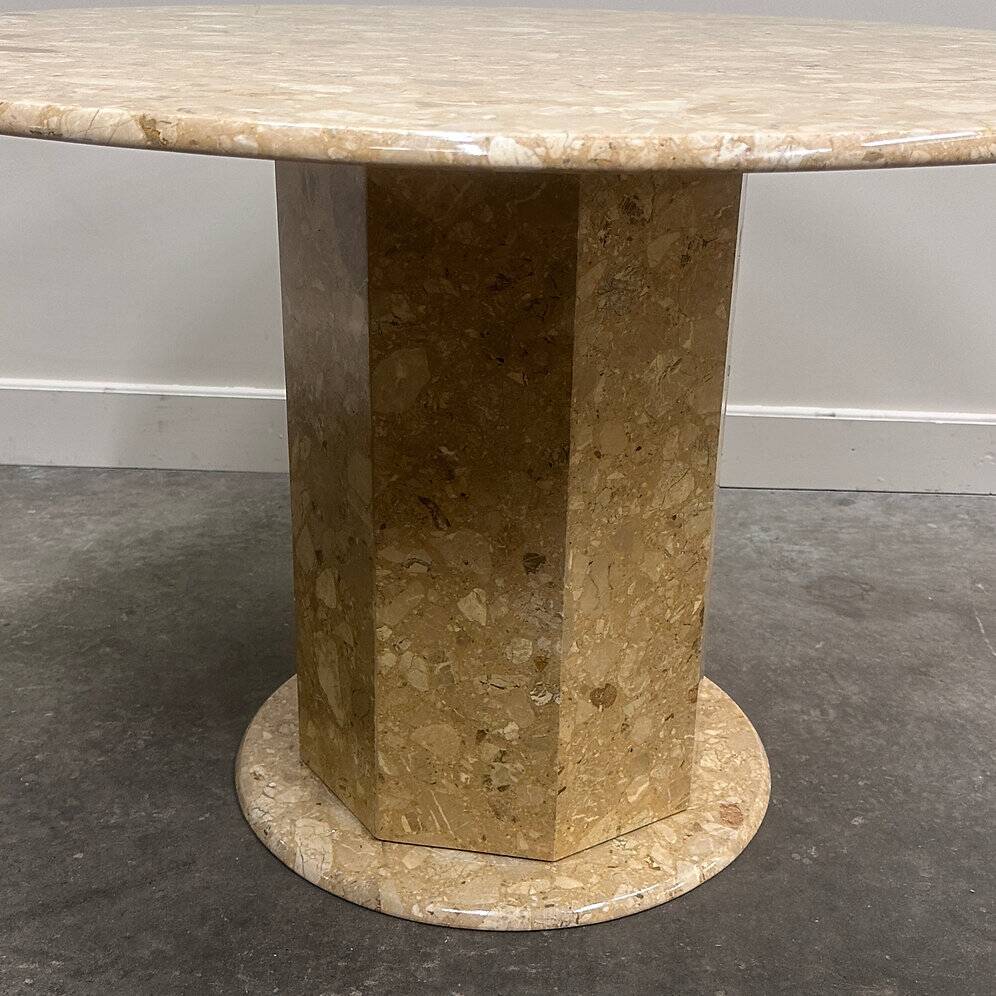 Round breccia marble pedestal table | 1980s vintage stone dining table | Postmodern