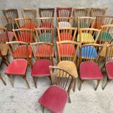 Series of 25 vintage Baumann bistro chairs in curved wood sitting Skaï or wood