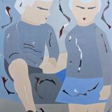Peinture à l’huile figurative abstraite suédoise « The Pair » du milieu du siècle par Hans Osswald, non encadrée